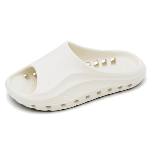 Jerzmy Cloud Slides for Women Men, Comfy Pool Bath Shower Shoes House Summer Slippers Soft Breathable Sandals with Drain Holes Quick Drying for Indoor Outdoor Beach Garden White Size 7-7.5