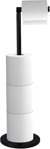 Premium Free-Standing Toilet Roll Holder | Polished Stainless Steel Stand, Modern Black Finish with Extra Storage for 5 Rolls, Anti-Rust – No Drilling Required, Elegant Bathroom Accessory