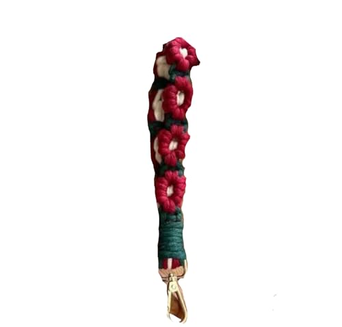 Porte-clés floral fait main en crochet rouge avec cordon tissé chic