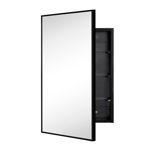 Image of TEHOME 17.5'' x 29'' Black Recessed and Surface Mount Bathroom Medicine Cabinet with Mirror Matt Black Square Cornered Metal Framed Rounded Rectangle Medicine Cabinet Mirror
