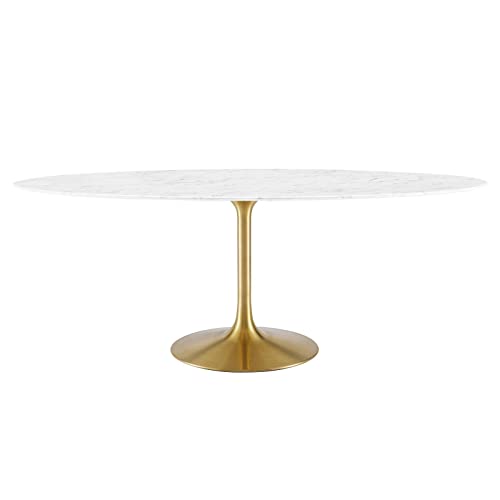 Image of Modway Lippa 78 inch Oval-Shaped Mid-Century Modern Dining Table with Artificial Marble Top and Gold Base