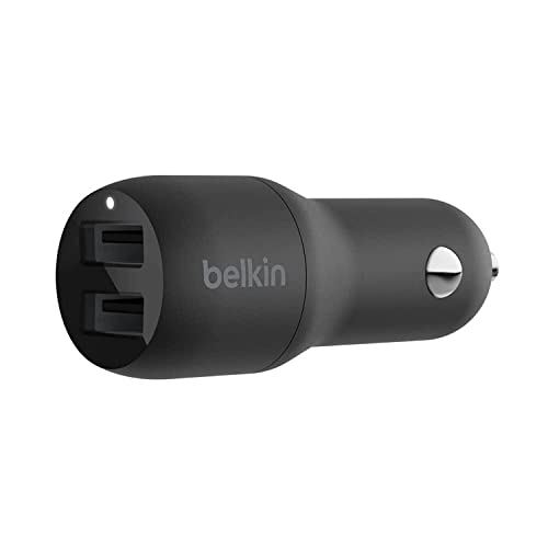 Belkin Chargeur de voiture à deux ports USB 24 W (chargeur de voiture Boost Charge à deux ports, chargeur de voiture à 2 ports USB ; chargeur de voiture pour iPhone et Android)