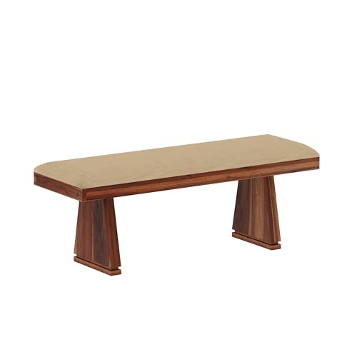 Image of Solid Wood 6 Seater Dining Table | Sheesham Wood Six Seater Dining Table with Cushion Chairs | Wooden Furniture Dinner Table with 4 Chairs and Bench | Natural Finish with Cream Upholstery