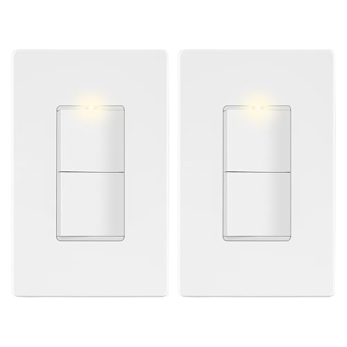 Image of LIDER Lighted Double Switch with Screwless Wall Plate, Combination Frameless Decorator Switch with Locator Light, Ground Terminal Single Pole, 15A 120V, UL Listed, Thermoplastic, Matte White, 2-Pack