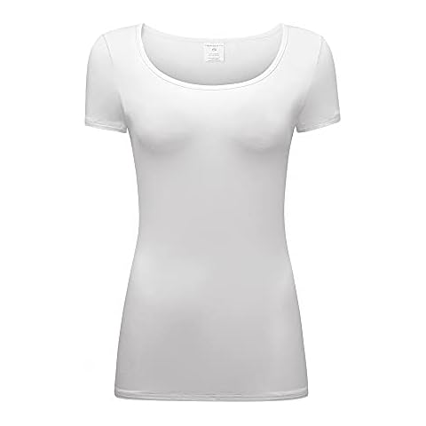OThread & Co. Women's Short Sleeve T-Shirt Scoop Neck Basic Layer Stretchy Shirts (X-Large, White) Cover