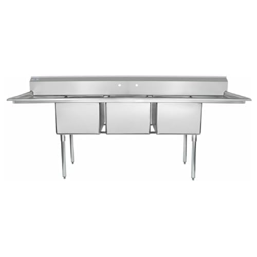 Image of EMPURA 94 inch Wide Stainless Steel Three Compartment Commercial Sink | Prep Utility 18 x 18 Bowl for Catering Laundry Garage | (2) 18 inch Drainboard, 9.75 inch Backsplash, 94 inchW x 23.5 inchD x 44.25 inchH, 18 Gauge, NSF
