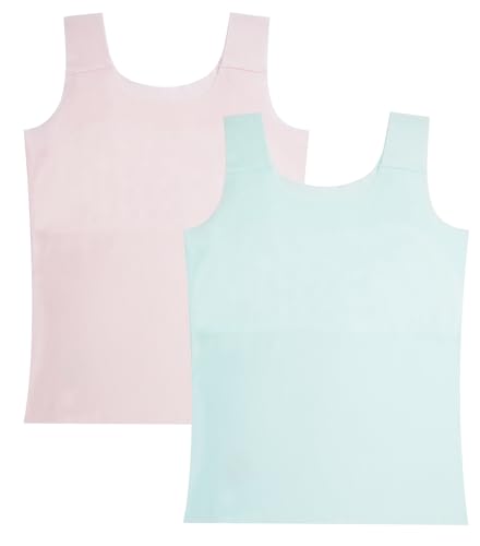 FEOYA Teen Girls Training Bra Round Neck Padded Camisole Solid Soft Breathable Tank Top Cotton Lightweight Bralette Cami Undershirts with Shelf Bra 8-9 Years 2Pack