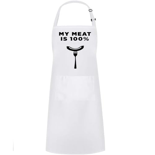 Hyzrz Funny Adjustable Aprons Baker Costume with Pocket Cook Grill BBQ Chef Apron Gifts for Fathers Mothers Day Birthday (My Meat is 100%, White)