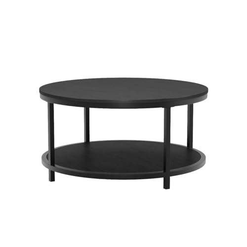 WiberWi Charahome Round Coffee Table Rustic Vintage Industrial Design Furniture Sturdy Metal Frame Legs Sofa Table Cocktail Table With Storage Open Shelf For Living Room, Easy Assembly (Black)