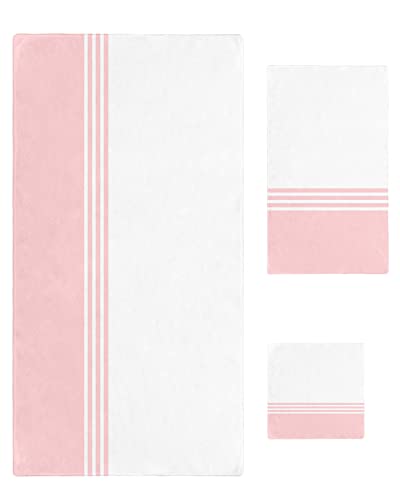 Seven Roses Pink White Striped Bath Towels Set, Soft Absorbent Bathroom Towels, Modern Abstract Art Aesthetics Towels For Bathroom Kicthen 1 Bath Towels 1 Hand Towels 1 Washcloths #TOP20