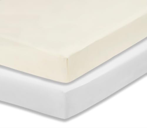 Image of Everyday Kids 2-Pack Fitted Crib Sheets, 100% Soft Breathable Microfiber Baby Sheet, Fits Standard Size Crib Mattress 28in x 52in, White Nursery Sheet and Beige Nursery Sheet