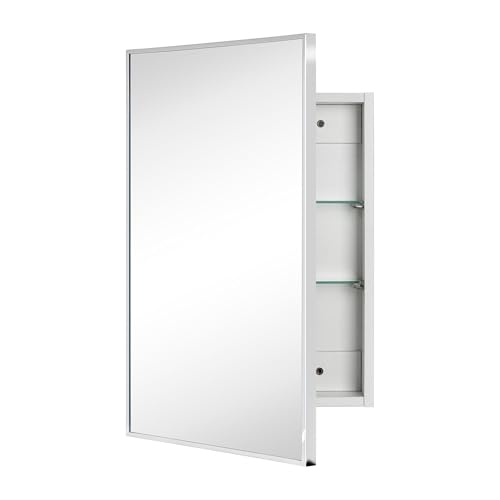 Image of TEHOME 16.5'' x 24'' Chrome Recessed and Surface Mount Bathroom Medicine Cabinet with Mirror Square Cornered Metal Framed Rounded Rectangle Medicine Cabinet Mirror