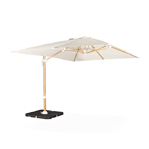 Alice's Garden - Parasol déporté rectangulaire écru 3x4m. mât effet bois + Dalles à lester 50x50cm