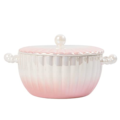 GRYEEN Ceramic Serving Soup Tureen with Lids 1 Quart Gradational Shell-Textured Porcelain Serving Soup Bowls with Pearl Hands and Lids, White/Pink, Microwave Safe