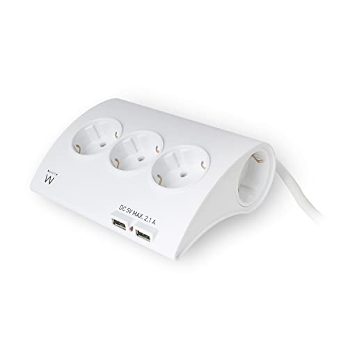 Ewent - Ciabatta Multipresa Elettrica da Scrivania/Tavolo - con 5 Prese Tedesche e 2 Porte USB, Spina Tedesca, Interruttore Luminoso - Cavo da 1,5 m