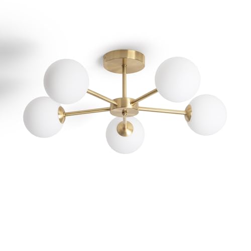 LEDKIA LIGHTING - Lámpara de Techo Moonlight Brass | 5 Focos de Metal y Cristal | Decoración para Salón, Habitación | Potencia 10W | IP20 | 210 mm x 600 mm, Blanco, Metal