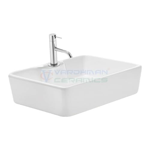 Image of Wash Basin Table Top Over Counter Vessel Sink Glossy Finish White Sink for Bathroom (19 x 15 x 5 Inch)
