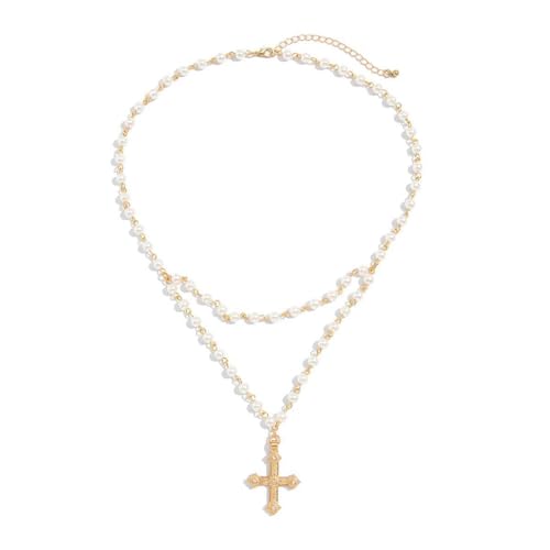 Collier ras du cou perles doubles de qualité supérieure avec croix pour homme élégant