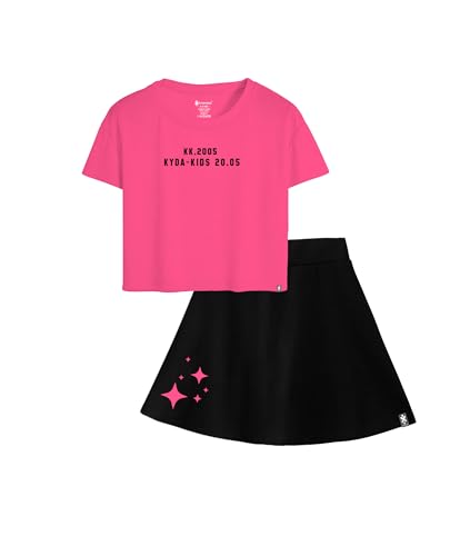 Image of KYDA KIDS 100% Pure Cotton Girls Printed Crop Top and Skirt with Attached Inner shorts Co-ords Set