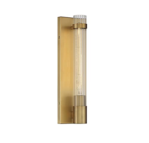 Image of Savoy House 9-996-1-322 Willmar Industrial Modern Clear Ribbed Glass Rectangular Wall Sconce, 1-Light 60 Watt, 16 inch H x 5 inch W, Warm Brass