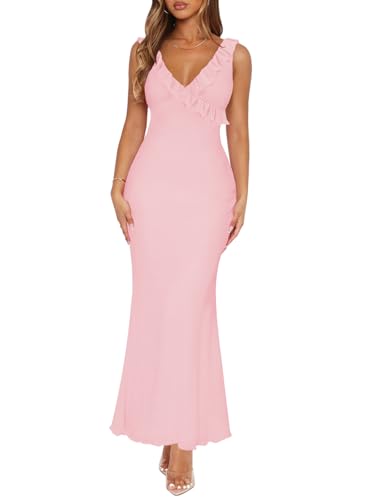 MIYIEONZ Women Sexy Sleeveless V-Neck Ruffle Backless Summer Dresses Long Formal Dress for Women Cocktail Party Casual Medium Light Pink Prom Dress
