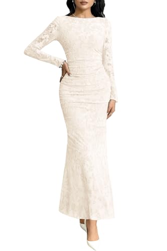 MITILLY Women's Formal Wedding Guest Dress Fall Elegant Floral Long Sleeve Bodycon Ruched Maxi Dresses Medium Apricot