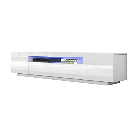 Meble Furniture Miami 200 TV Stand - Rectangular Modern TV Stand with Storage Cabinets and LED Lights - Media Entertainment Center Console Stand for TVs Up to 90" - White Cover