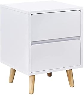 OFCASA 2 Drawers Bedside Table with Solid Wood Legs White Wood Bedside Cabinet Nightstand for Bedroom Living Room