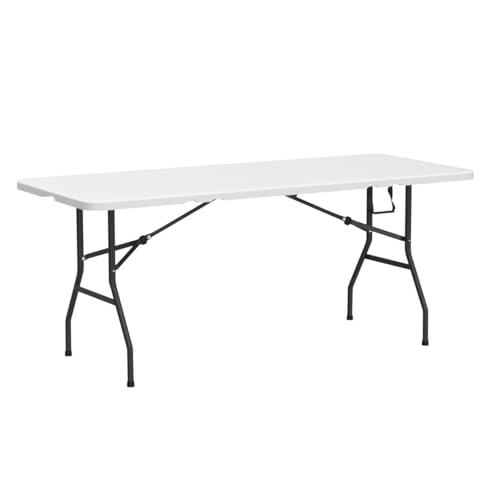 Folding Table 6 ft | Heavy Duty Plastic Picnic Table Indoor Outdoor | Portable Camping Dining Party Utility Table | Easy to Assemble & Foldable - White