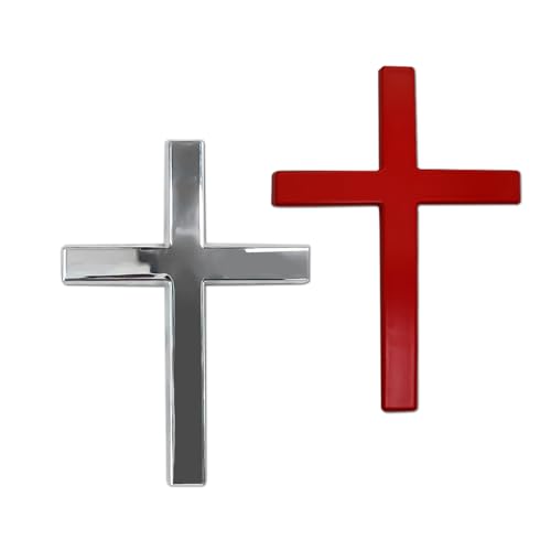 Image of 2PCS Metal Jesus Christ Cross Badge Stickers, Cross Decal, 2.5 inchx1.8 inch 3D Jesus Christ Car Emblem Badge Decal, Self Adhesive Scratch Covering Metal Emblem Decals Fit Car Body Fender Tail (Silver+Red)