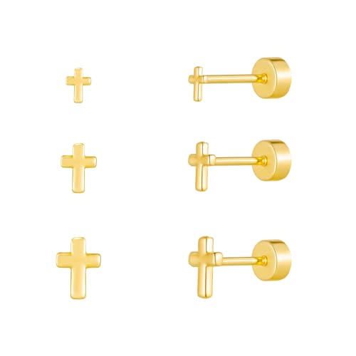 3 Pairs Tiny Flat Back Earrings, Hypoallergenic 14K Real Gold Plated Helix Cartilage Earrings Post Studs Jewelry for Women Gift