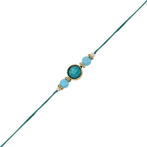 Image of I Jewels Designer Kundan Pearl beaded Bhaiya Bhabhi Lumba Rakhi Bracelet Combo Set With Roli Chawal & Rakshabandhan Greeting Card