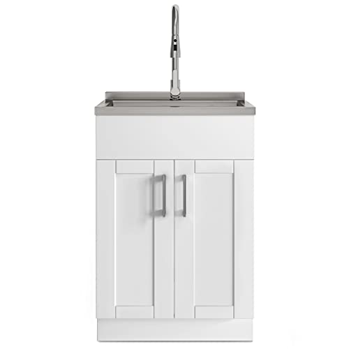 Image of SIMPLIHOME Modern Wide Shaker 24 inch Wide Stainless Steel Sink Laundry Cabinet | Transitional laundry cabinet with a high-arch chrome faucet for laundry rooms; Modern Wide Shaker utility sink or wash tub.