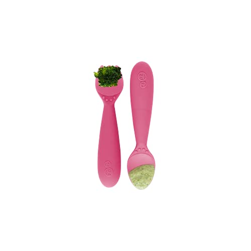 Image of ezpz Mini Utensils - 100% Food Grade Silicone + Nylon Self Feeding Spoon & Fork for Baby /Toddler Led Weaning + Purees - Designed by a Pediatric Feeding Specialist - Sensory Bumps - 12 Months+ (Pink)