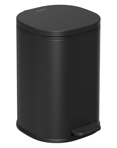 Image of Cesun Black Bathroom Trash Can with Lid, 1.3 Gallon Small Garbage Can with Foot Pedal, Metal Round Wastebasket for Bathroom, Bedroom, Office, Matte Black