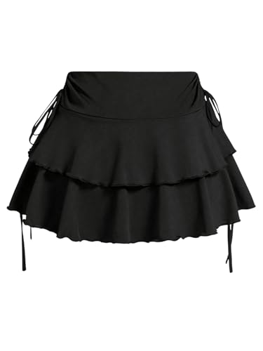 OYOANGLE Women's Plus Size High Waisted Bow Knot Side Layered Y2K A Line Ruffle Skorts Mini Skirt Black 1XL