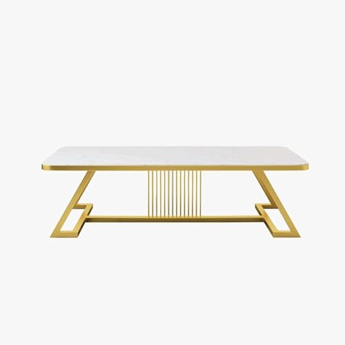 Image of Marble-Look Rectangular Coffee Table with Engineered Wood Top & Heavy-Duty Metal Frame Premium Center Table for Living Room & Office Easy DIY Assembly (90 x 45 x 45 cm) (White Gold)