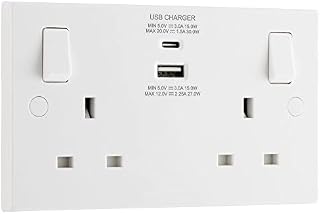 BG Electrical White Square Switched 13A Double Socket with Type A & Type C USB 4.2A 30W