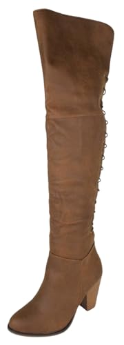 Forever Women Block Stacked High Heel Over The Knee Thigh High Boots Side Zipper Back Lace CAMILA-58