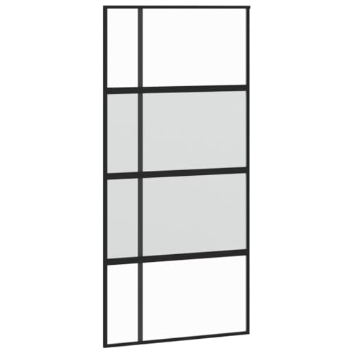 Homgoday Puerta corredera negra de vidrio templado y aluminio, 102,5 x 205 cm, puerta corredera de granero, puerta corredera para el hogar, material de construcción interior, tipo 7 herrajes