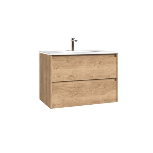 Mueble de Baño Suspendido Fondo Reducido con Lavabo Cerámico| Mueble Volado 2 Cajones | 50 cm Roble Natural - imagen 3