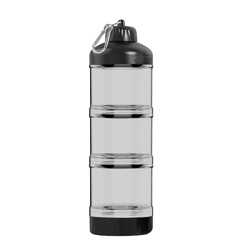 HydraActive 3-Layer Protein Container with Funnel & Keychain, 50g Portable Supplement Dispenser, Leakproof Stackable for Gym Travel, BPA-Free (Black)