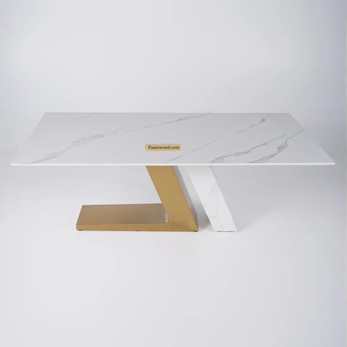 Image of PAAMWOOD Premium 8-Seater Top Dining Table - 84 inchx36 inchx30 inch | White Nano Composite Stone with Solid Wood Z-Shaped Base & Golden Acrylic Finish | Modern Luxury Dining Furniture