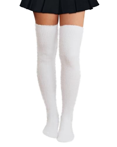 Moon Wood Fuzzy Thigh High Socks for Women Fluffy Leg Warmers Plush Thick Over the Knee Stockings Long Soft Boot Socks