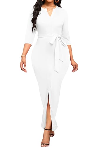 Image of Nmoder Long Maxi Dress for Women, Pencil Church Bodycon Dress Front Split | 3 /4 sleeve v neck, curvy tea party work semi formal cocktail funeral date bridesmaid dress, colorblock, m-3xl