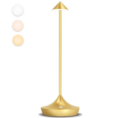 Lampada da Tavolo Senza Fili, Moslumin 6000mAh Ricaricabile LED Lampada da Comodino USB, Impermeabile, Alta qualità in Alluminio, Dimmerabile, Luce Batteria per Scrivania Esterno Ristorante (Oro)
