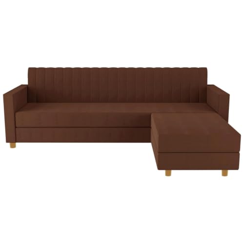 Image of Rosebell 3 + 1 Four Seater - Wooden L Shape Convertible Sofa Set for Living Room Furniture Set Upholstery-Velvet Fabric, Modular Sectional Couch for Home & Office - Brown