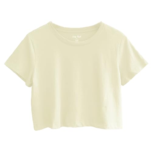 Image of Womens 100% Cotton Crop Tops Short Sleeve Crewneck Loose Fit Basic Tee Summer Casual Workout T-Shirt Fashion Clothes
