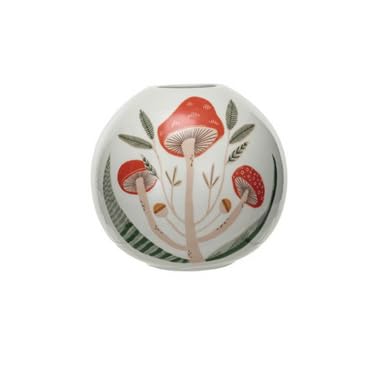 Creative Co-Op Round Stoneware Vase with Mushrooms, Multicolor