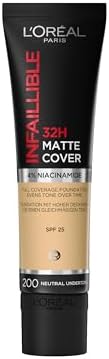 L'Oreal Paris Cover Liquid Foundation, With 4% Niacinamide, Long Lasting, Natural Finish, Available in 20 Shades, SPF 25, Infallible 32H Matte Cover, Shade 155, 30ml